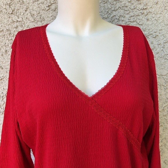 Vintage Y2K Red V-Neck Lace Outline Long Sleeve Top Shirt Blouse Holiday Bold - Picture 1 of 6